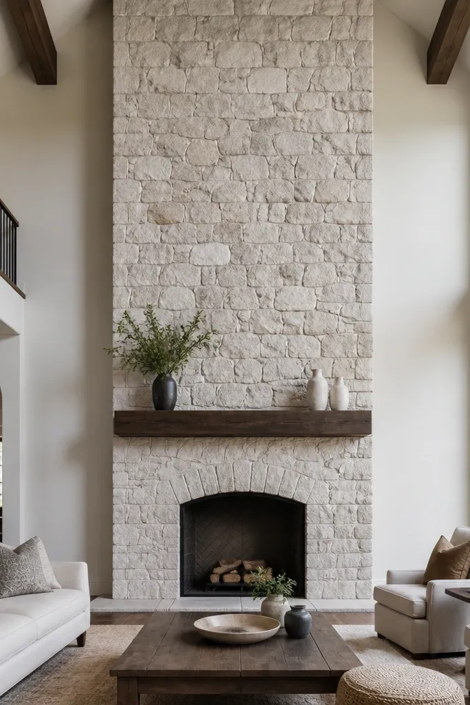 White stone fireplace with full-height surround reaching the ceiling and simple mantel