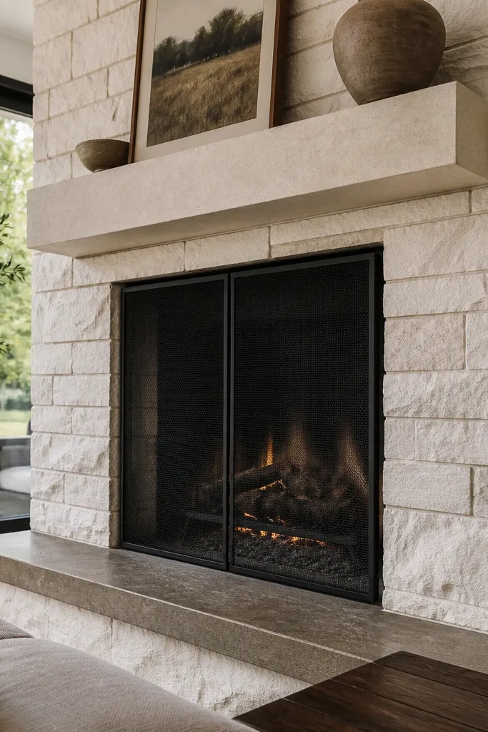 White ledgestone fireplace with a thick limestone mantel shelf and neutral walls