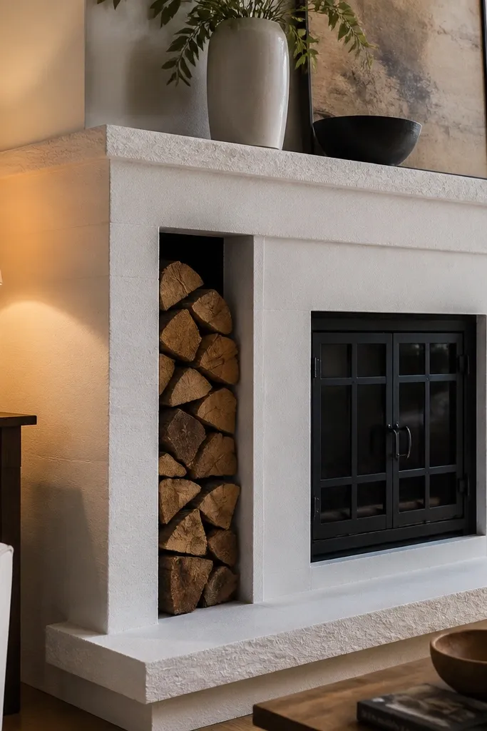 White stone fireplace with built-in wood storage niche and black metal grate