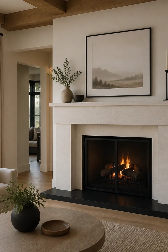 White stone fireplace surround with black hearth slab and minimal mantel