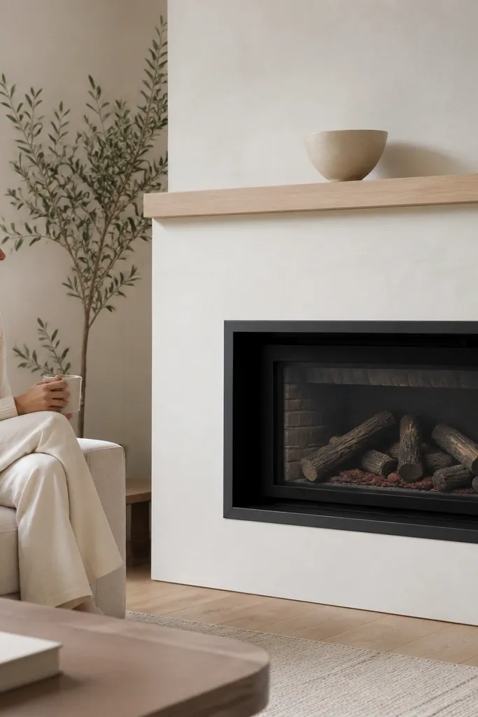 Smooth white microcement fireplace surround with thin wood mantel and minimal decor