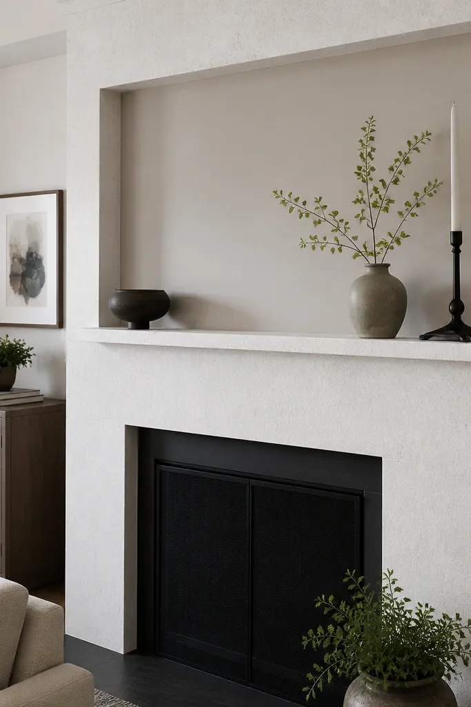 White stone fireplace surround with a recessed mantel panel and wood mantel