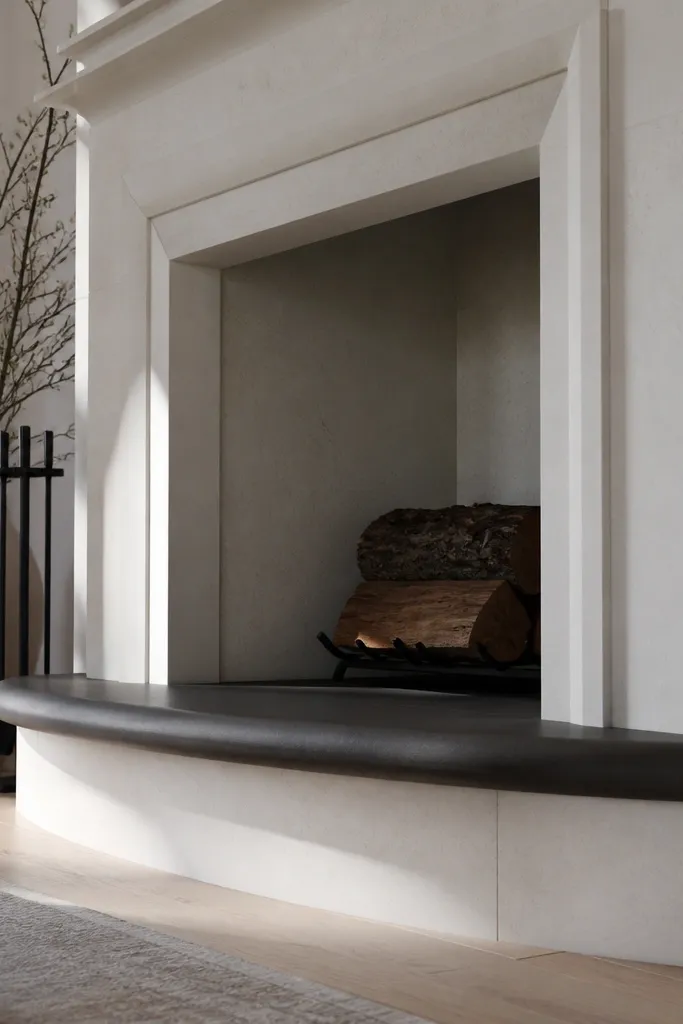 White stone fireplace with a curved black hearth edge and soft modern mantel