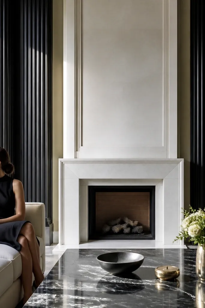 White stone fireplace with tall black fluted columns on each side and a light mantel