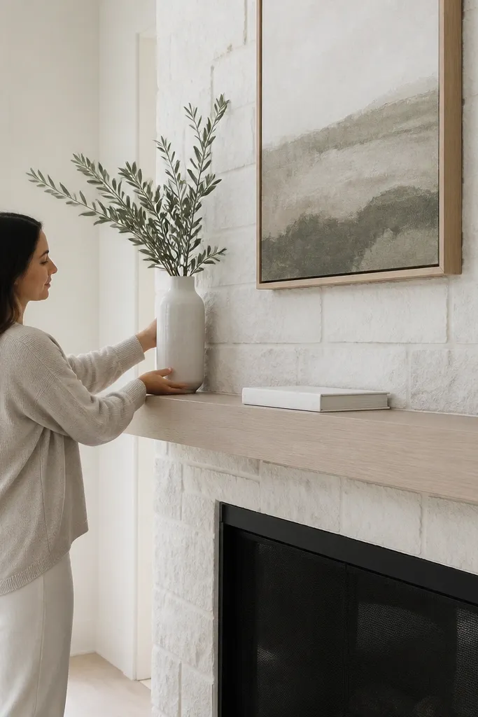 White stone fireplace with floating shelf mantel and minimal decor