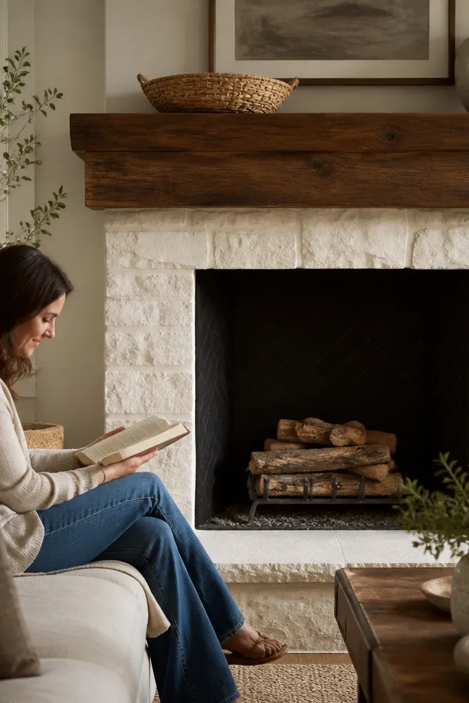 Whitewashed stone fireplace with a stained wood mantel in medium walnut tone