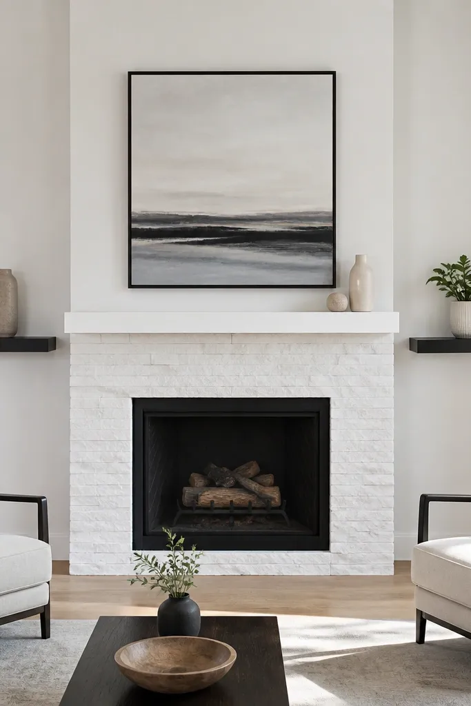 White stone fireplace with thin white mantel and two black side shelves