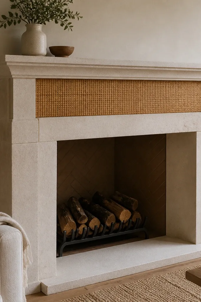 White stone fireplace with warm woven mantel surround and light wood mantel