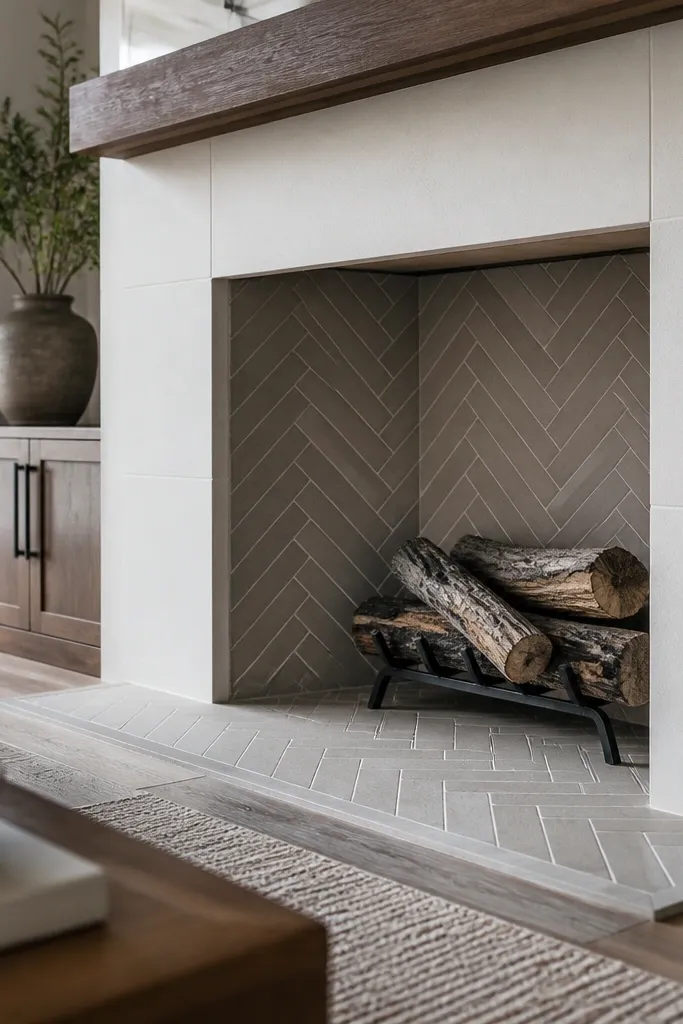 White stone fireplace with simple white surround and a herringbone hearth tile