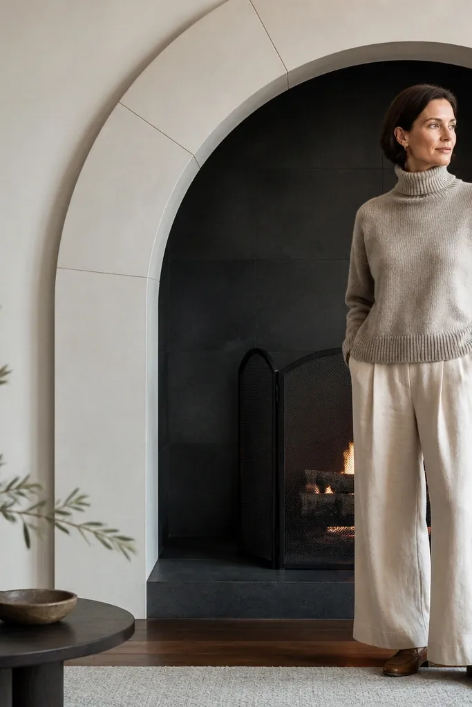 White stone fireplace with an arched opening and dark interior surround
