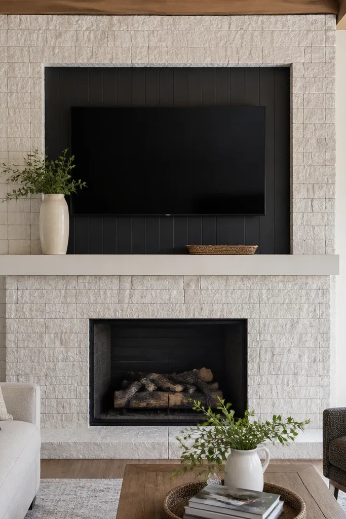 White stone fireplace with a TV niche above and a black mantel frame