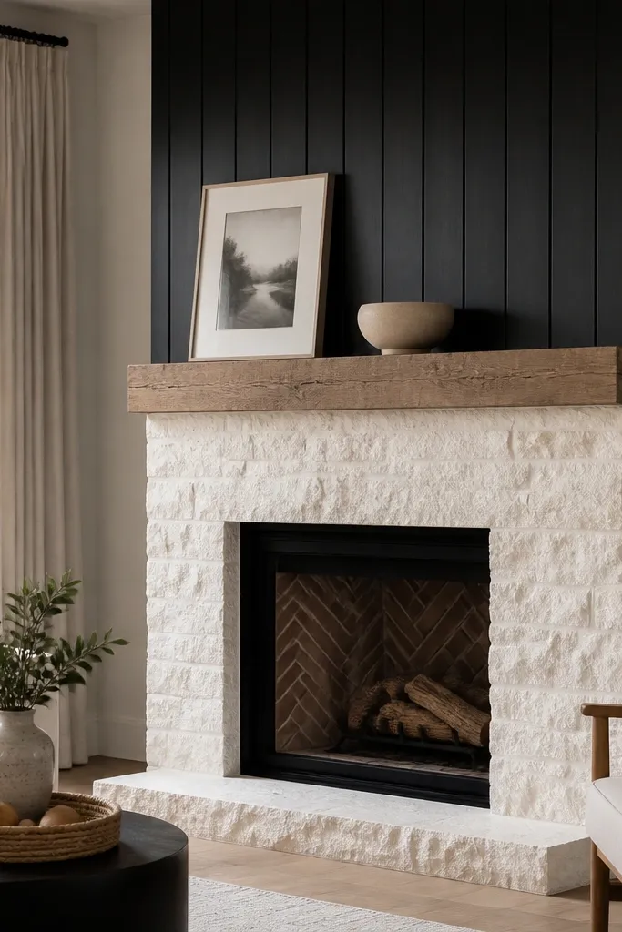 White stone fireplace with a black vertical shiplap accent panel behind the mantel
