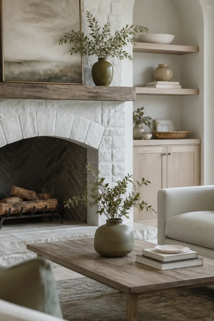 White stone fireplace pale green tint and sage decor accents