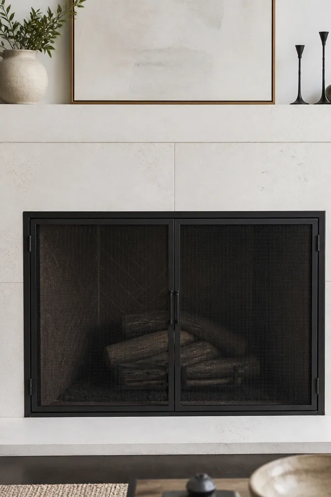 White stone fireplace with a thin contrasting tile border around the opening