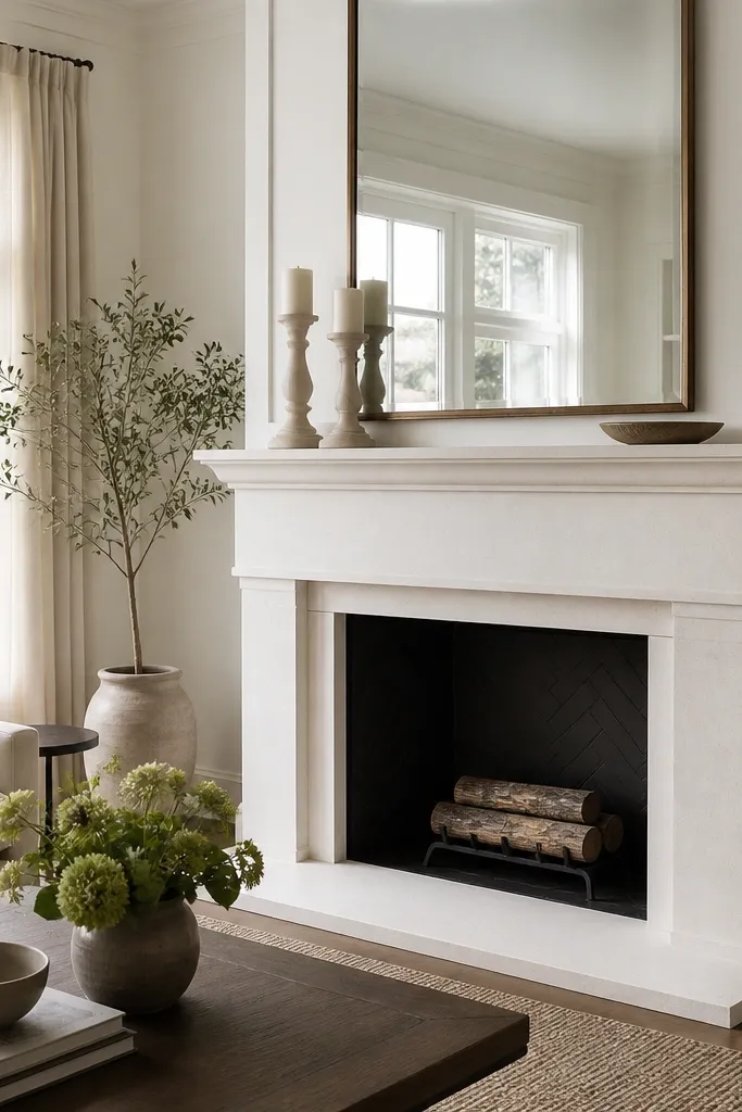 White stone fireplace with matte white surround and a large mirror centered above mantel