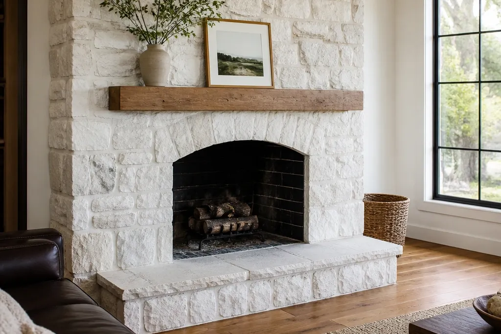 White Stone Fireplace Aesthetic Ideas