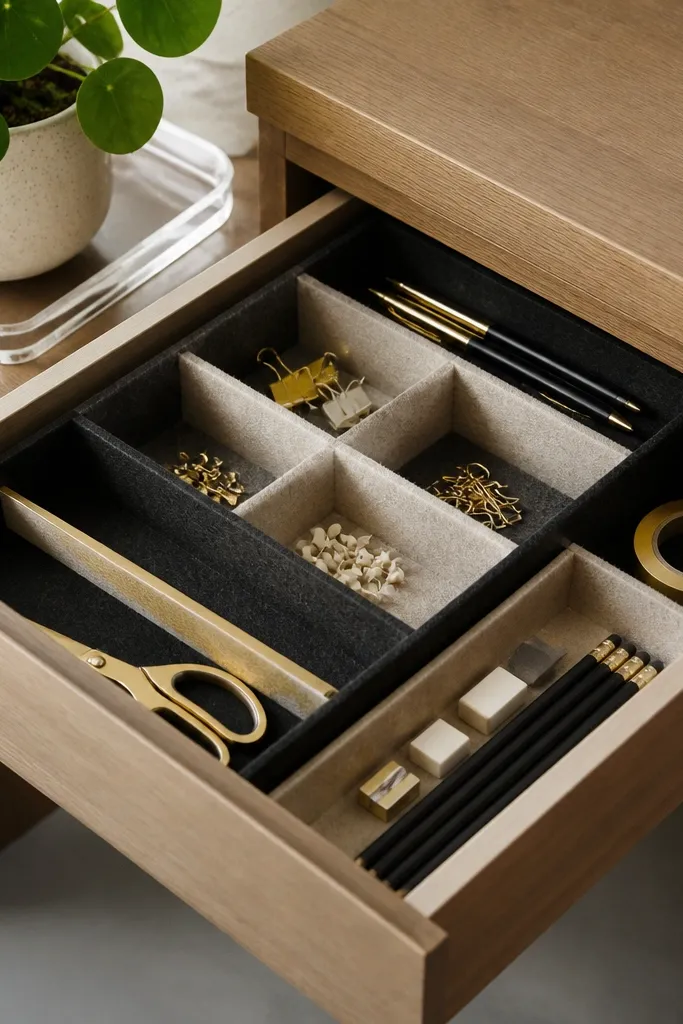 A desk drawer organizer made from black and oatmeal felt strips forming compartments, with a small corner outside the drawer holding a clear plant tray and a ceramic pot.