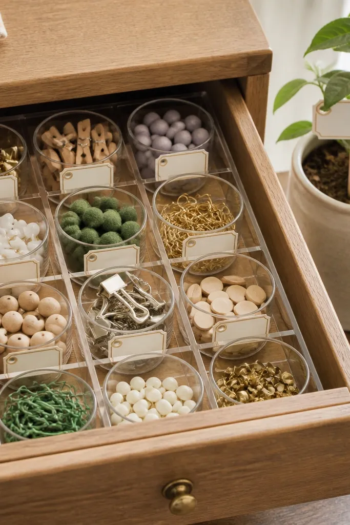 A drawer insert with a grid of small clear acrylic cups, each labeled with handwritten tags, sitting beside a small plant pot with a label stake.