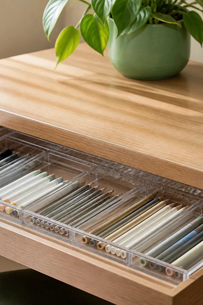 A shallow drawer insert made of clear acrylic blocks. Each block holds pens, markers, and pencils, and a clear lid panel sits on top. A green plant pot is visible on the desk surface above the drawer.