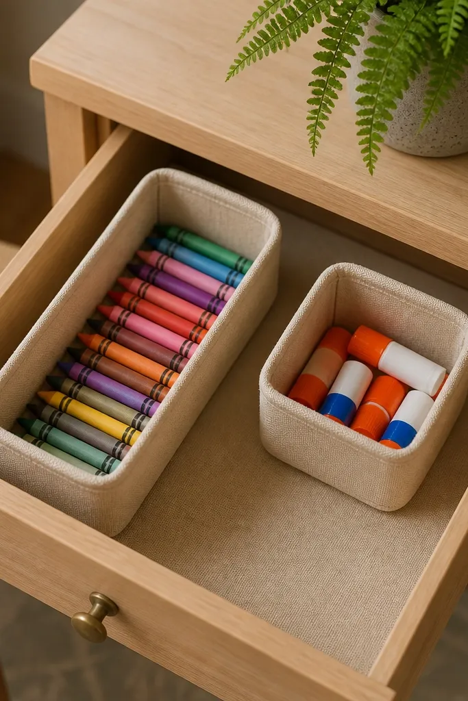 A drawer lined with sand-colored canvas. Inside are two fabric bins: one long bin for crayons and one small bin for glue sticks. A fern pot sits above on the desk.