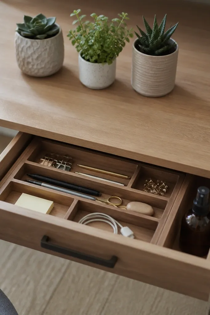 A wooden cutlery-style tray inside a desk drawer, with three small planters on the desk above it and a spray bottle kept in a side compartment.