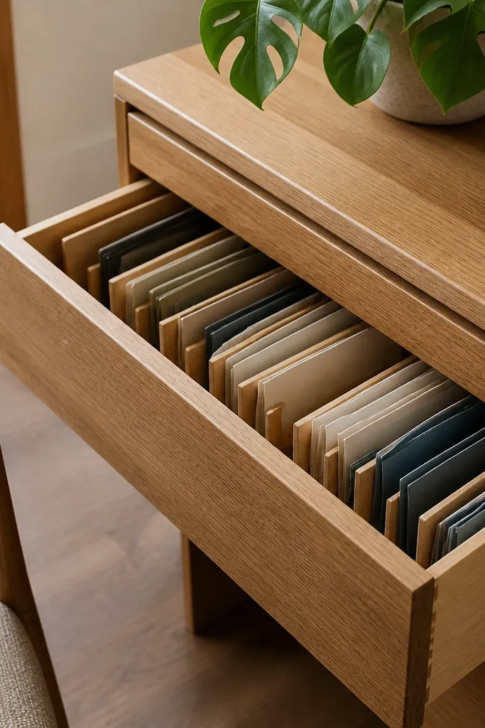 A drawer that uses vertical "spine" dividers like a book shelf. Thin paper stacks sit upright behind each divider. A plant with broad leaves sits on top of the desk nearby.