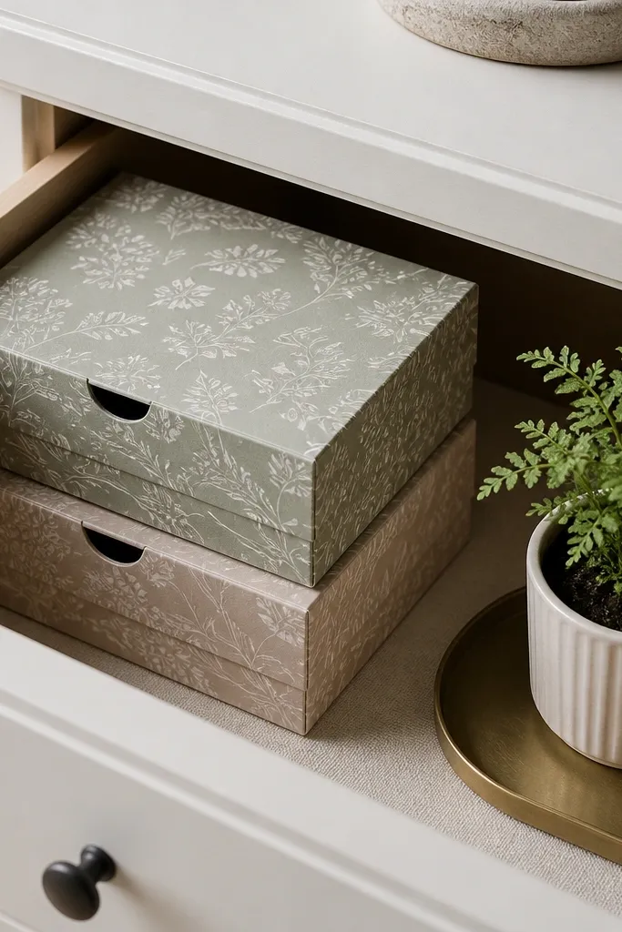 Two stacked small shoebox-style organizer boxes inside a drawer, each covered in patterned paper and a small plant pot sits on a tray nearby.