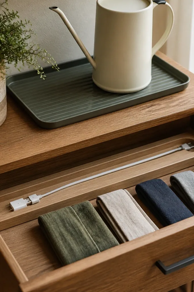 A drawer insert with a shallow cable channel and folded cloth ties, plus a small shelf outside the drawer holding a watering can on a drip mat.