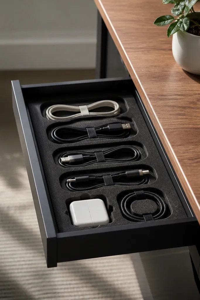 A side drawer with an organizer made of foam channels. Cables are arranged in S-shaped loops clipped down with Velcro. A small plant sits in a ceramic holder on the desk side.