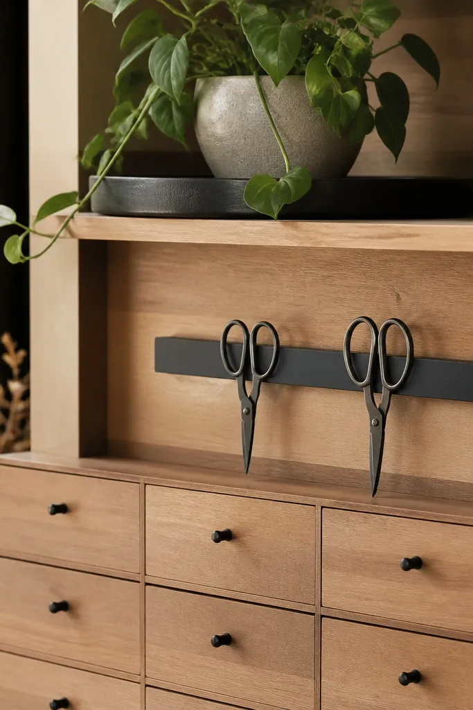 A drawer wall lined with a magnetic strip holding scissors and a small metal ruler, with a plant pot on a tray above.
