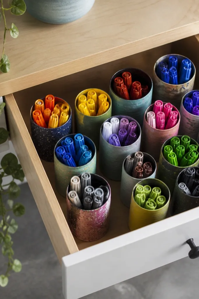 A drawer with multiple upright paper tubes made from painted soda cans. Markers stand inside each tube. A small trailing plant hangs over the desk edge.