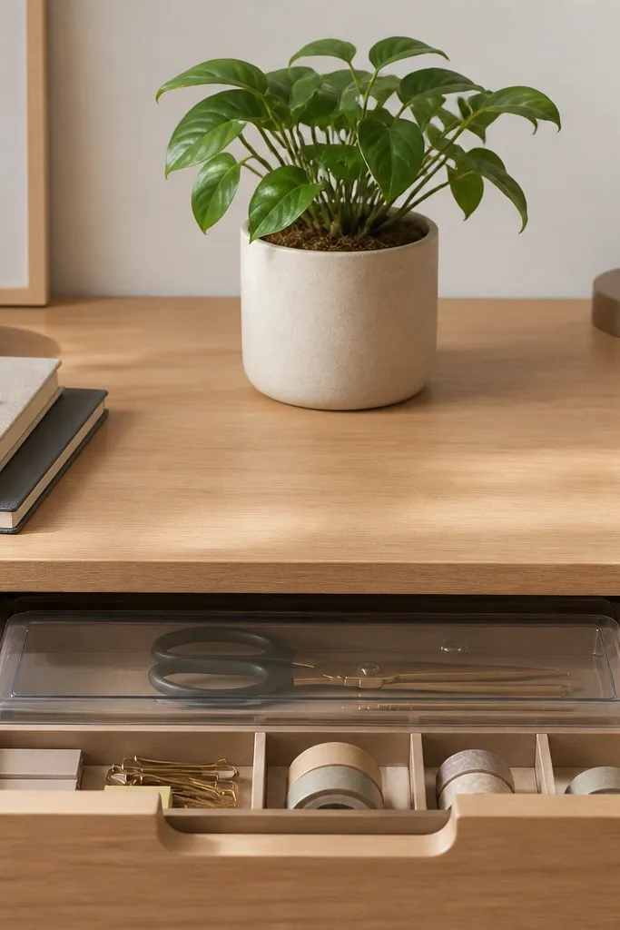 A drawer insert that has a clear or solid-lidded bin at the front. Scissors sit in their own compartment behind the lid. Tape rolls are in a separated section. A plant pot is centered on the desk.