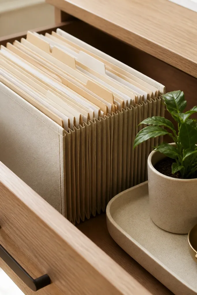 An accordion file organizer standing inside a desk drawer, with tabs and a plant pot on a tray next to it.