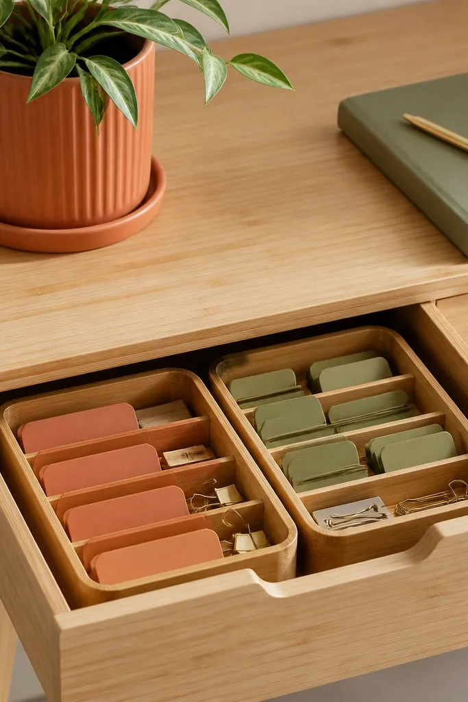 Two bamboo caddies inside a drawer, one with terracotta labels, the other with sage-green tags, plus a matching terracotta plant pot on the desk.