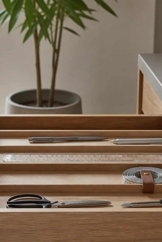 A drawer organizer with long horizontal slots. A clear ruler lies flat in its own slot, and a measuring tape is coiled neatly with a strap. A tall plant stands behind the drawer area.