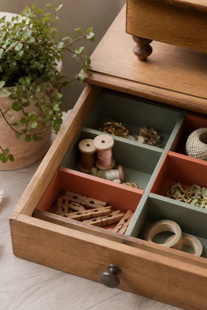 A wooden drawer organizer with painted dividers in muted sage and clay. Small craft items sit in each section. A potted plant with small leaves is on the desk next to the drawer.