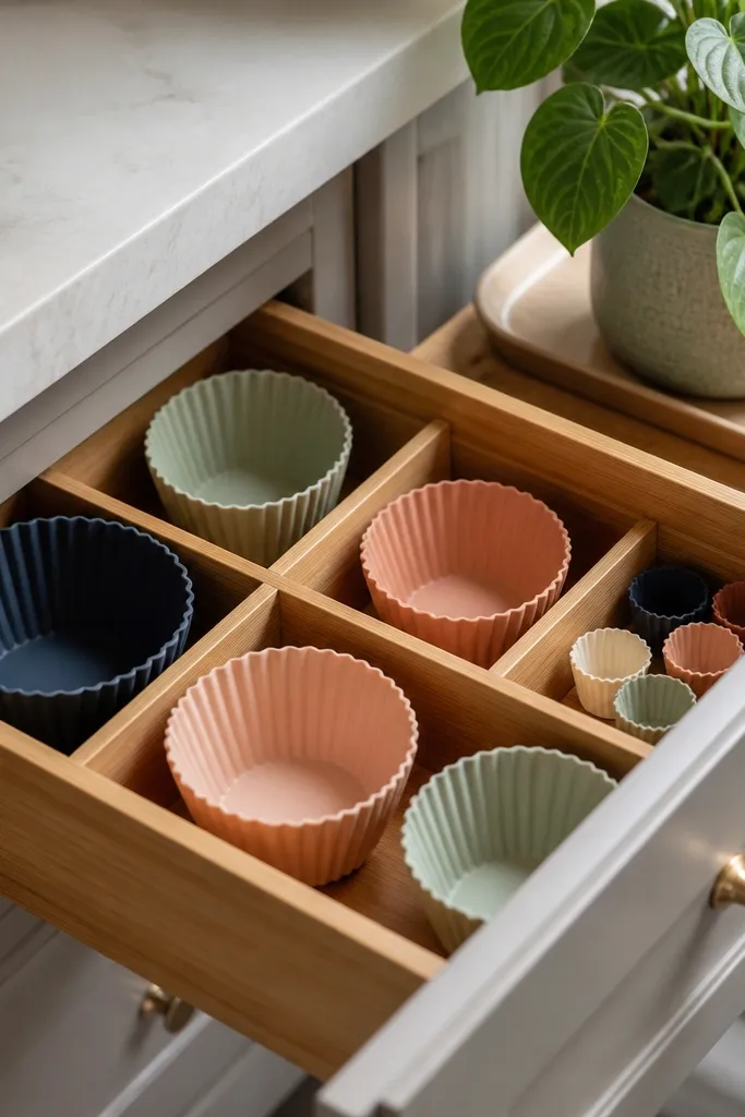 A drawer insert holding multiple silicone baking cups of different sizes, with a plant pot on a drip tray nearby.