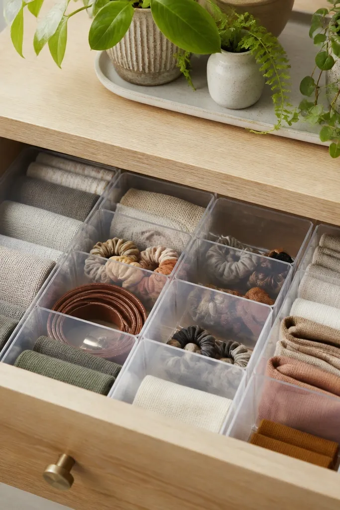 A drawer organizer made from a clear plastic shower curtain liner cut into fold-flat dividers, with plants on a tray above.