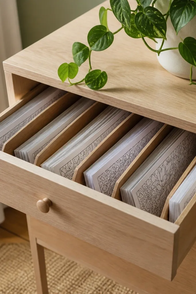 A drawer set up like a mini file cabinet. Coloring pages are stored upright behind vertical dividers. A plant pot with trailing leaves sits on the desktop above.
