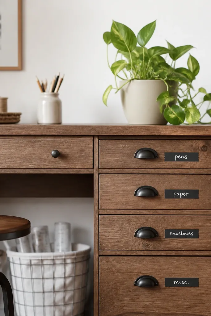 Drawer fronts labeled with small strips of chalkboard tape. Labels are handwritten in white chalk. A plant sits on the desk surface, and the drawer area looks tidy and styled.