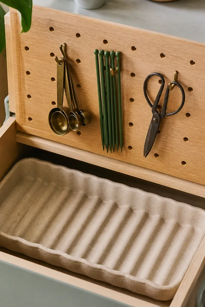A pegboard panel inside a drawer with small hooks holding measuring spoons, plant stakes, and a pair of scissors, plus a plant tray next to it.