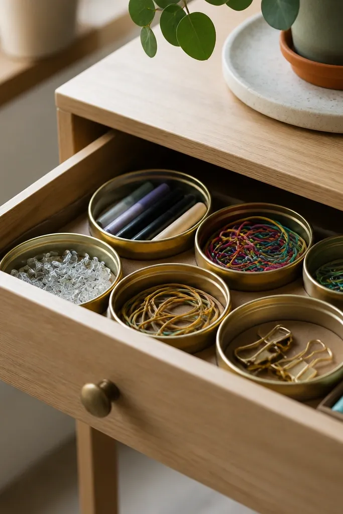 A desk drawer with circular compartments made from repurposed jar lids, holding markers and small rubber bands, with a plant pot on a tray nearby.