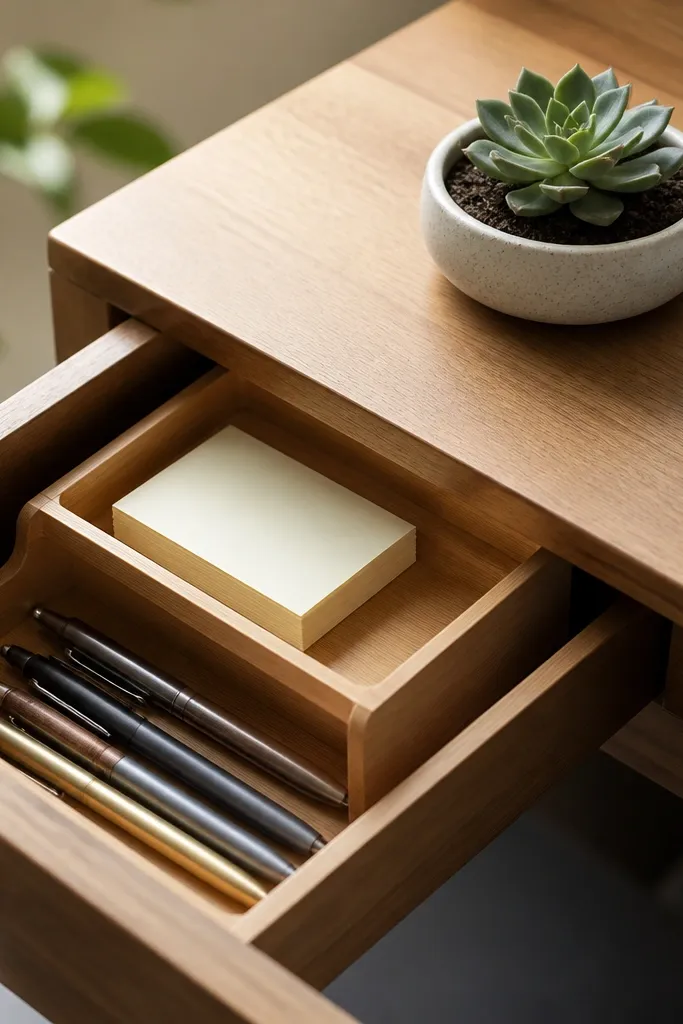 A drawer insert with two tiers. Sticky notes sit on the upper tier in a neat stack, and pens are in the lower tier. A small succulent in a ceramic dish sits nearby.