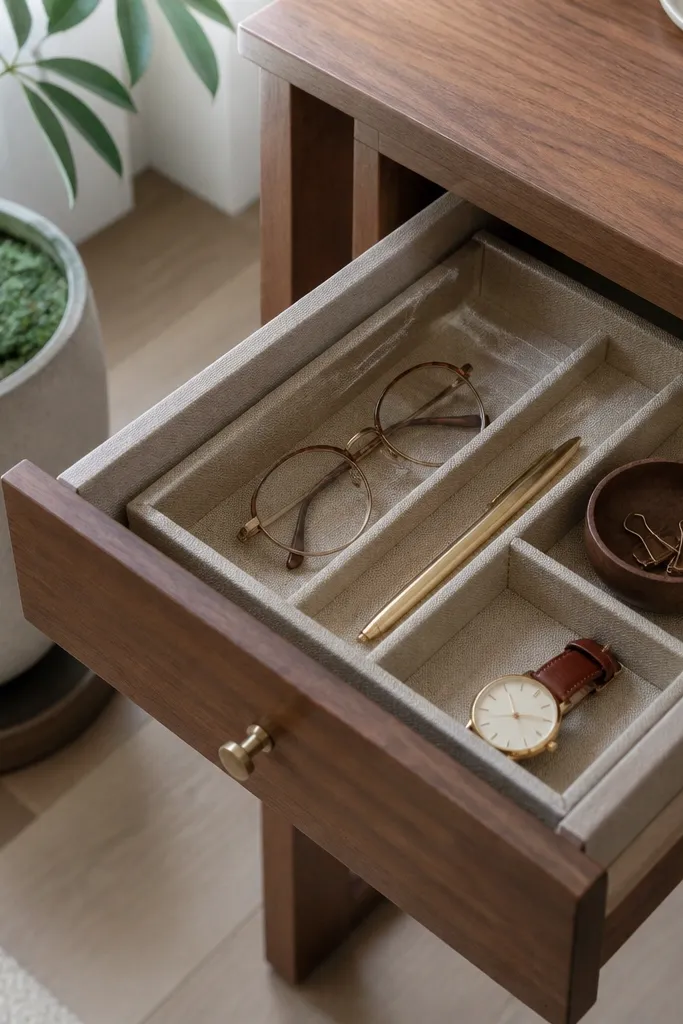 A shallow tray insert in a drawer lined with linen-look fabric around the edges, with a plant pot on a drip tray beside the desk.