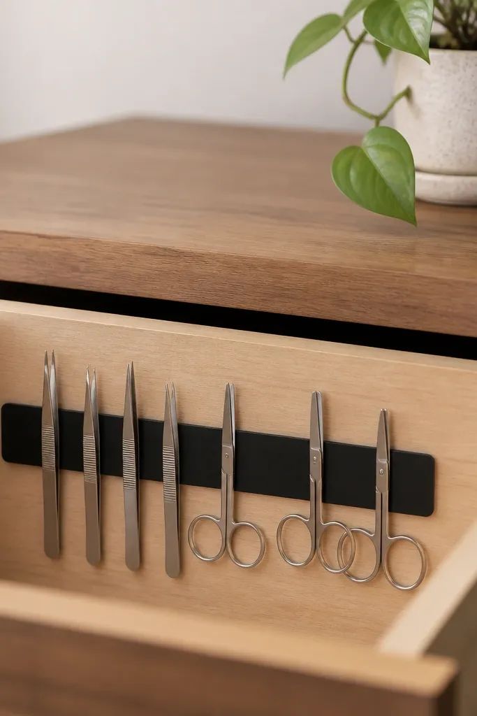 A drawer with a magnetic strip holding metal tools like tweezers and small scissors. A small potted plant sits on the desk above. The tools are aligned and visible.