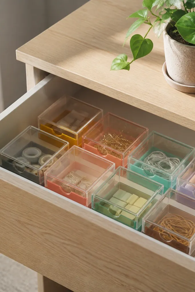 Inside a large desk drawer, there are several small acrylic drawers with lids. Each mini drawer is color-coded on the outside. A plant pot sits on the desk top.