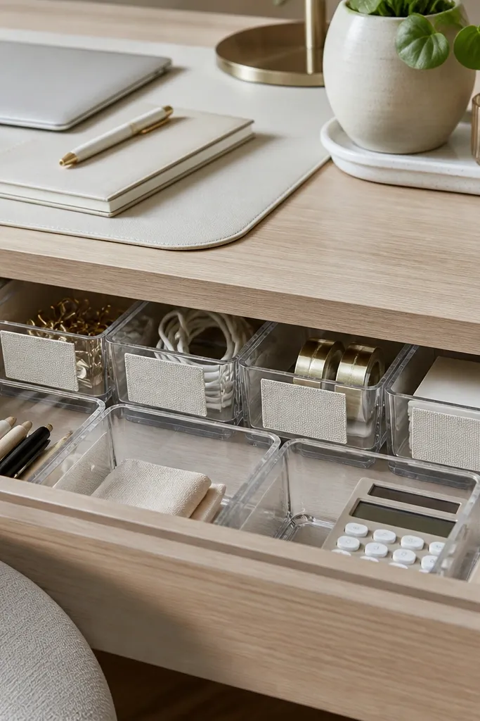 Clear plastic bins in a drawer with linen-texture label strips, and a small plant pot on a tray on the desk.