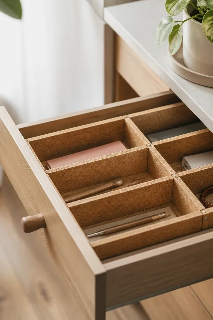 Cork board strips cut into dividers inside a drawer, held with small pins, with a plant pot on a tray near it.