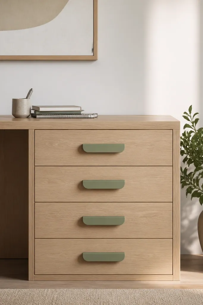 A desk drawer setup with sage-colored drawer pulls. The drawer fronts align and look uniform. A plant sits at the same height as the pulls, creating a tidy visual band.