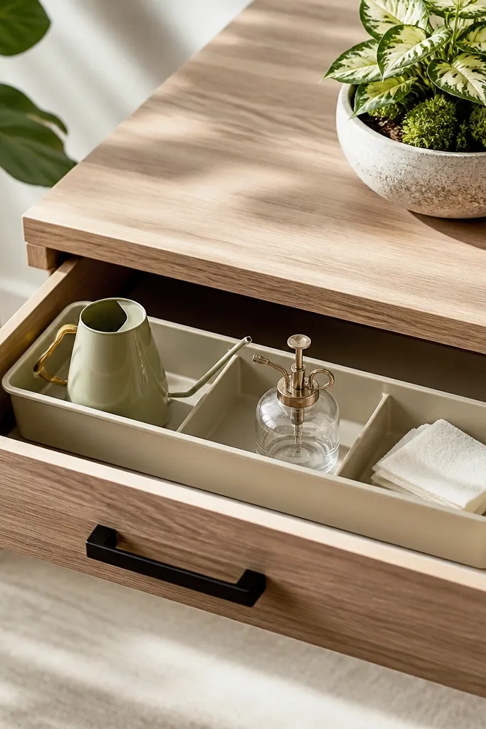 A desk drawer with a removable tray. Inside are a small watering can, a spray bottle, and plant wipes. Above the drawer sits a small plant arrangement.